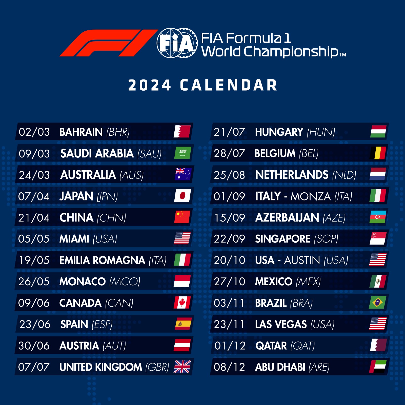 F.1 Calendario 2024 con 24 gare con Imola il 19 maggio Monza 1